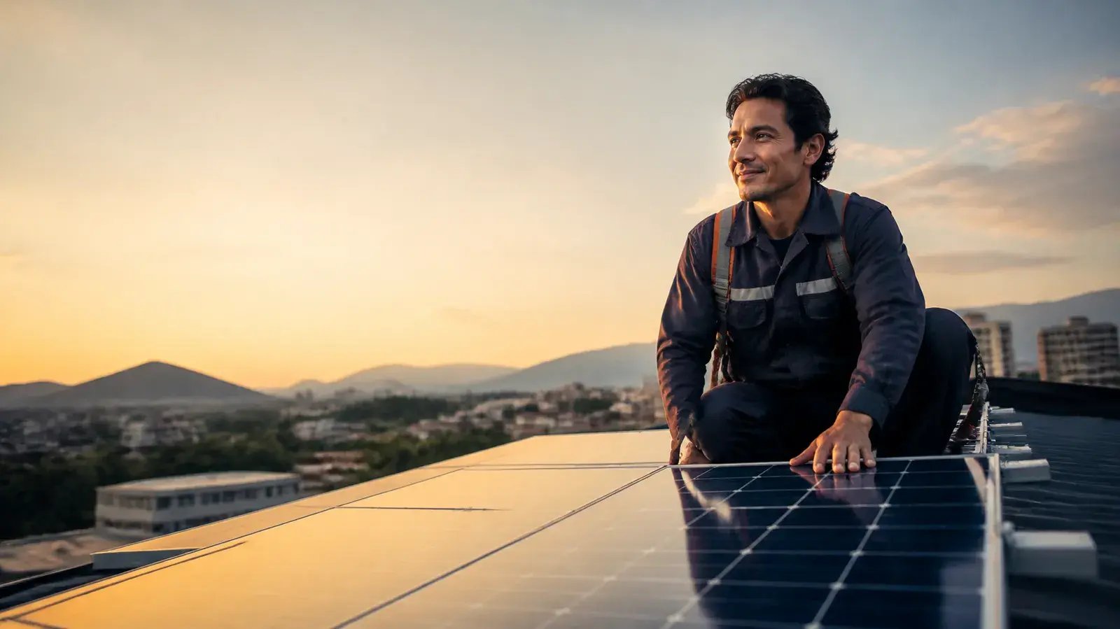 Empresario del sector solar revisando una instalación de paneles terminada