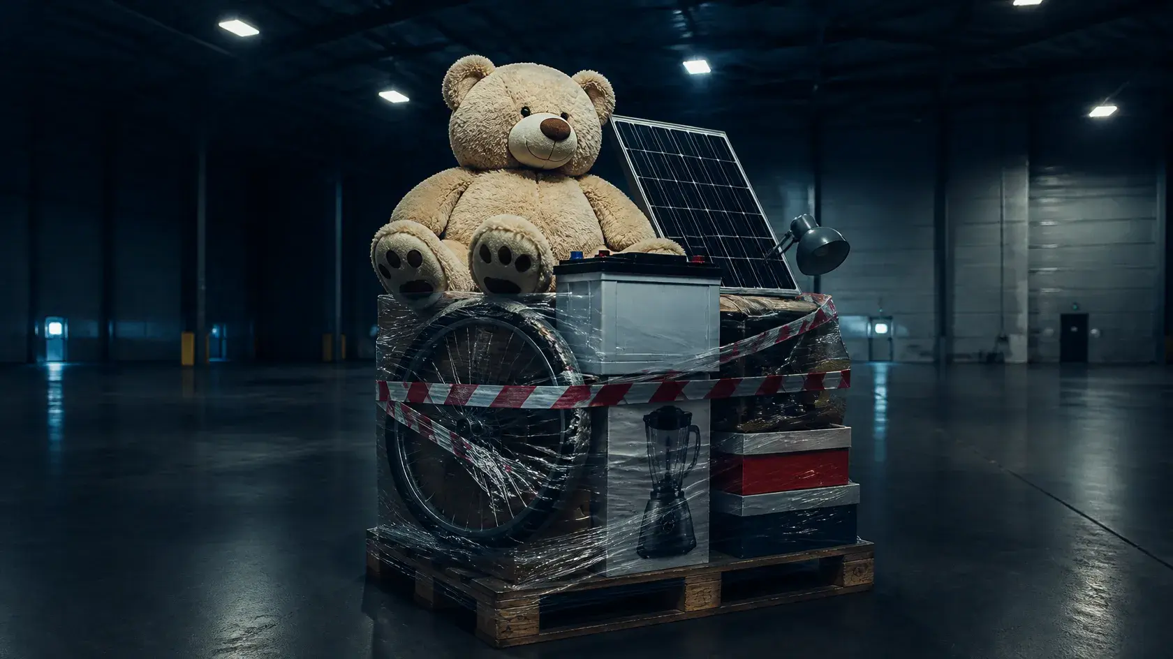 Estiba con un oso de peluche, un panel solar y una batería